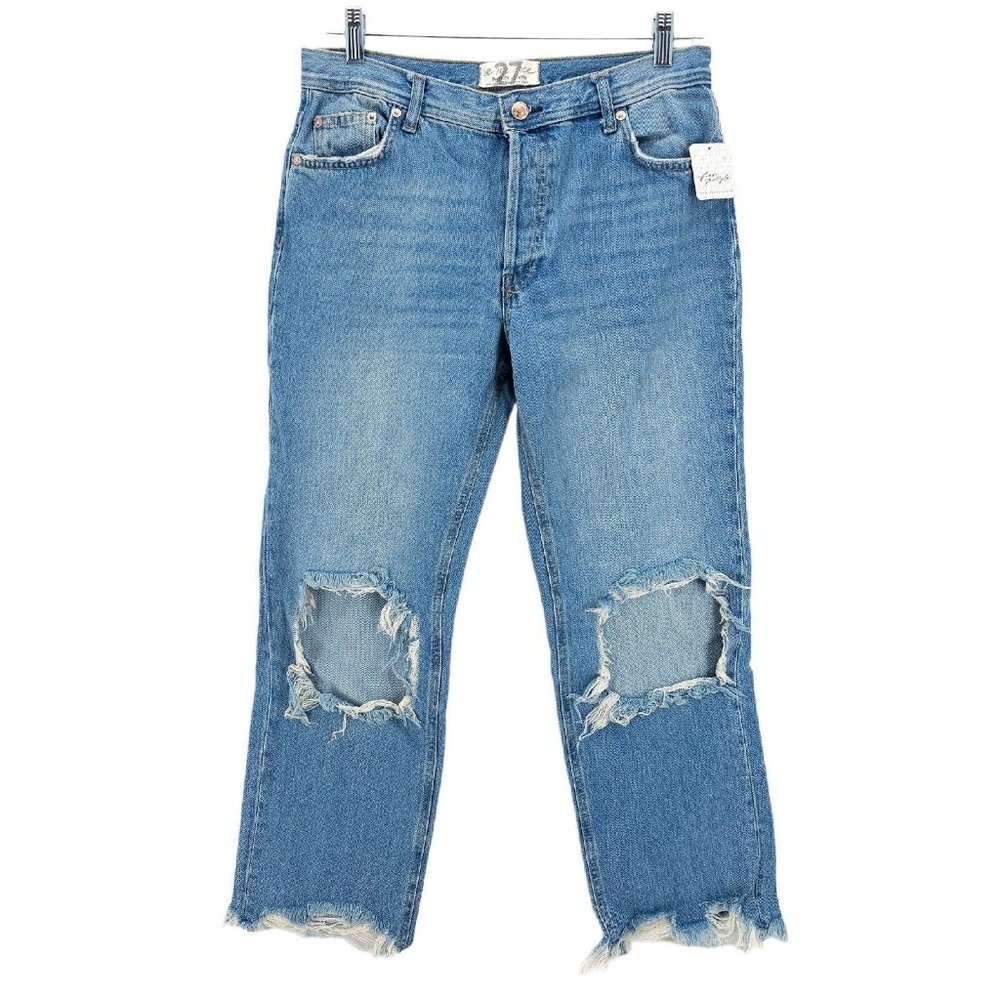 NWT We the Free People Maggie Jeans Straight Distressed Light Stone Wash Sz 27
